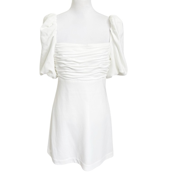 Cinq a Sept Odele White Puff Sleeve Mini Dress Women’s Size 10 Ruched Bodice - Picture 2 of 10